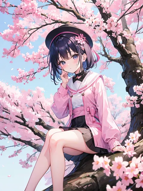 Kawaii girl sitting, in a place of sakura flowers 