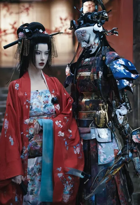 two people in costumes standing next to each other and holding weapons, ghost in the shell geisha robot, robot wearing her human mask, Japanese robotic geisha, very beautiful cyberpunk samurai, still from the live-action movie, scene from the live-action m...