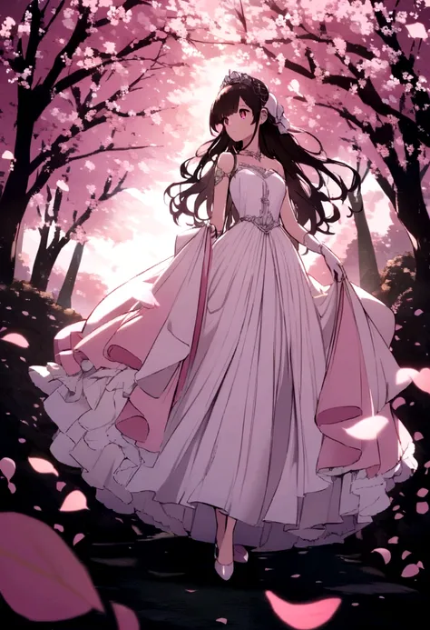 Elegant princess with a light pink dress accompanied by a parasol and passing through an area full of cherry trees