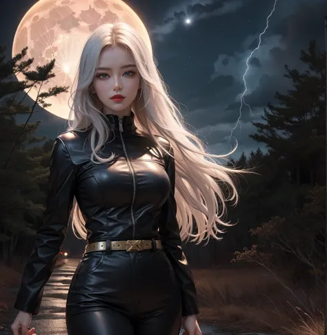 A cloudy sky lightning bolts shot towards the ominous forest covered in trees and red-eyed crows on the branches, beautiful white haired woman, white eyes red lips light skin smiles sinisterly wearing a suit with a set and leather pants, both black and gol...