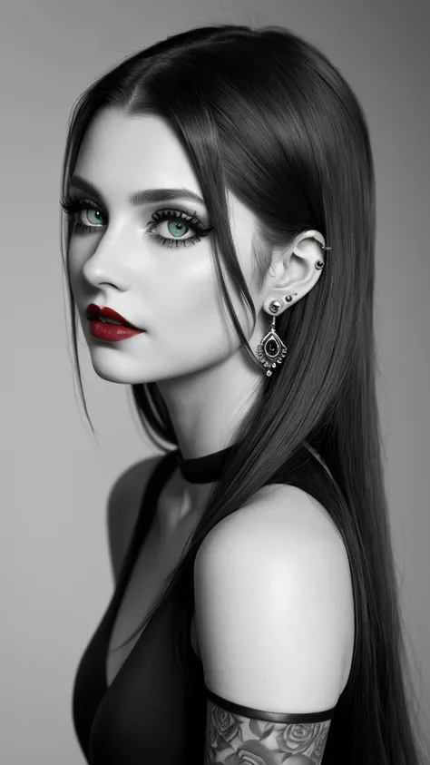 DigiArt Style, 1girl, solo, looking at viewer, long hair, monochrome, greyscale, earrings, red lips, BREAK, deep green eyes, petals, eyelashes, shoulder tattoo, makeup, watermark, piercing, ear piercing, portrait,, 