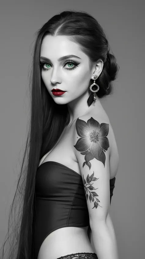 digiart style, 1girl, solo, looking at viewer, long hair, monochrome, greyscale, earrings, red lips, break, deep green eyes, pet...