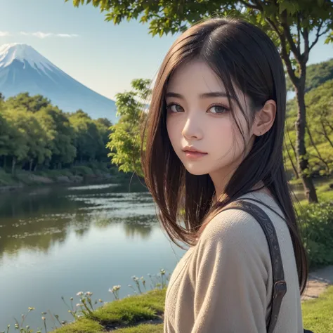 A girl walking along a riverbank, mount fuji in the distant background, detailed portrait, beautiful detailed eyes, beautiful detailed lips, extremely detailed face, long eyelashes, girl in a garden, serene landscape, beautiful scenery, photorealistic, 8k,...