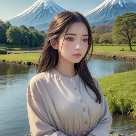 A girl walking along a riverbank, mount fuji in the distant background, detailed portrait, beautiful detailed eyes, beautiful detailed lips, extremely detailed face, long eyelashes, girl in a garden, serene landscape, beautiful scenery, photorealistic, 8k,...