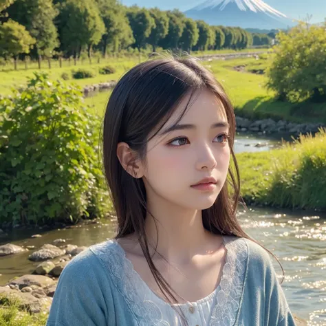 A girl walking along a riverbank, mount fuji in the distant background, detailed portrait, beautiful detailed eyes, beautiful detailed lips, extremely detailed face, long eyelashes, girl in a garden, serene landscape, beautiful scenery, photorealistic, 8k,...