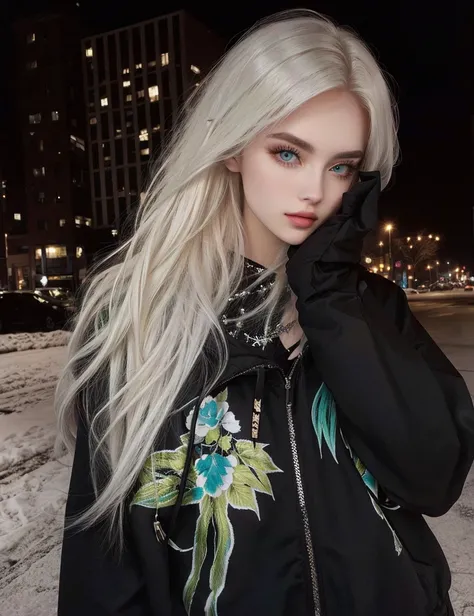 Blonde woman with long hair, wearing a black jacket and a black hoodie, perfect white haired girl, style of julia razumova, portrait of kim petras, yelena belova, ava max, Anna Nikonova aka Newmilky, with long white hair, extremely light blonde hair, her h...