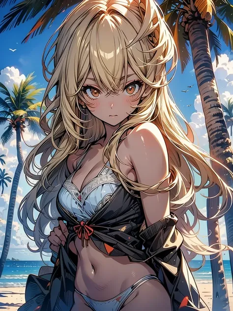 masterpiece, rich colors, Best quality, detailed, high resolution, Hyper quality, high detail, , high quality, detailing, skinny sexy girl on the beach , bright lighting , Brown eyes, Anime, palm trees, bright lighting, blonde,