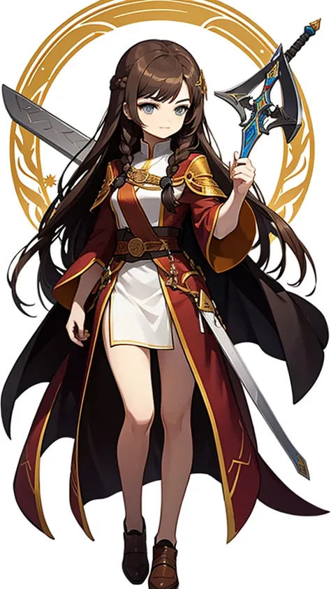 Strong women, Long brown hair, Brown robes, Holding a sword, Full body side view, Pure white background