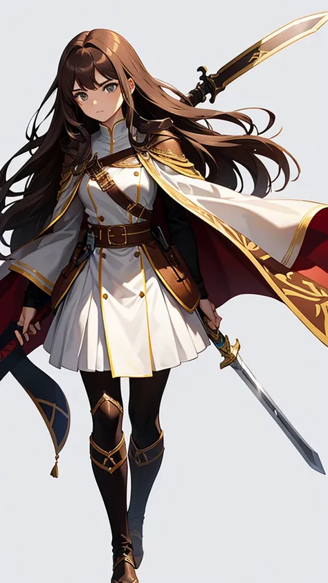 strong women, long brown hair, brown robes, holding a sword, full body side view, pure white background