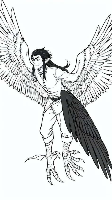 1man,40s,mature male,angry,wild outfit,long hair,black hair,pointy ears,harpy,wings,no arms,(white background,line drawing),from below,wild,scare,looking to view,torn clothes,leaning forward,upper body