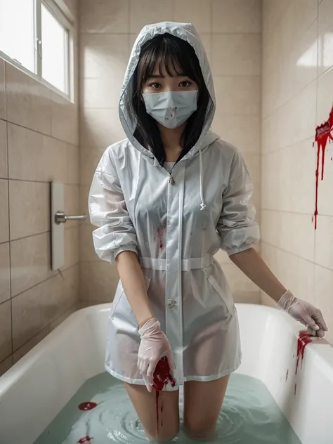 korean girl, (behind corpse, surgical mask), holding knife, stabbing, latex gloves, bath full of blood, transparent raincoat, hood up, holding knife, white gloves, behind corpse, blood splatter, mass murderer, killer, long bangs, blood splatter,