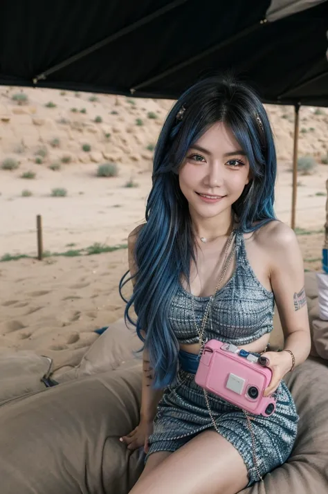 handbag, shot on dslr, focusing on the rest 8K, face detailed, hair blue, 25 year old female, is in the desert pyramid in bokeh background, Gopro camera, wearing black clothes, black tattoos, smiling