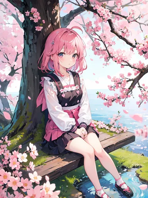 Kawaii girl sitting, in a place of sakura flowers 