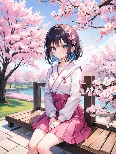 Kawaii girl sitting, in a place of sakura flowers 