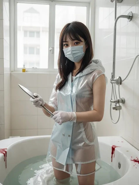 korean girl, (behind corpse, surgical mask), holding knife, stabbing, latex gloves, bath full of blood, transparent raincoat, hood up, holding knife, white gloves, behind corpse, blood splatter, mass murderer, killer, long bangs, in the house,