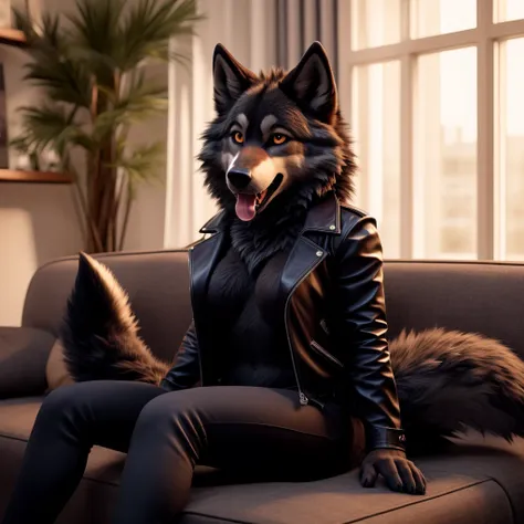 Posing, female, 30 years old, happy, mouth open with tongue hanging out, black leather jacket, anthro, wolf ears, (black fur:1.5), wolf, log cabit backgroud, 8k, hi res, (best quality, masterpiece), (wolf tail:1.5), detailed fur, sitting on couch