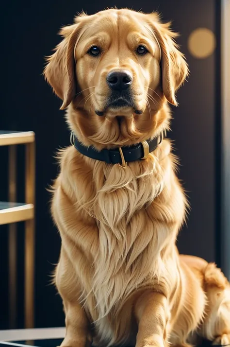 Draw me a Golden retriever dog in artificial intelligence that has an elegant and eye-catching suit, attractive looking, to be successful in the world of sales in an elegant and sophisticated environment, grabbing the attention of your future clients and c...