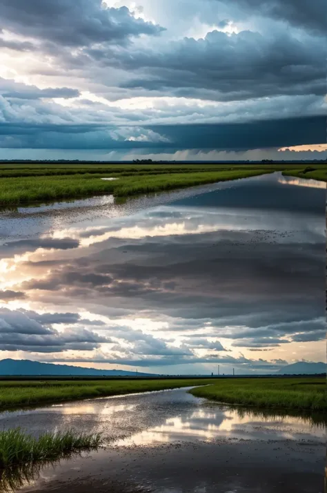 Many mirrors standing in a landscape and it rains with thunder 
