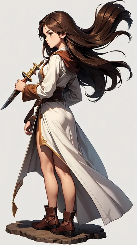 strong women, long brown hair, brown robes, holding a sword, full body side view, pure white background, view viewer