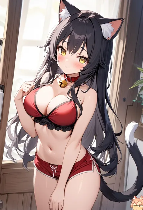 1girl, long hair, breasts, looking at viewer, blush, bangs, large breasts, black hair, navel, animal ears, cleavage, bare shoulders, medium breasts, closed mouth, standing, collarbone, tail, yellow eyes, thighs, solo focus, midriff, cat ears, collar, cat t...