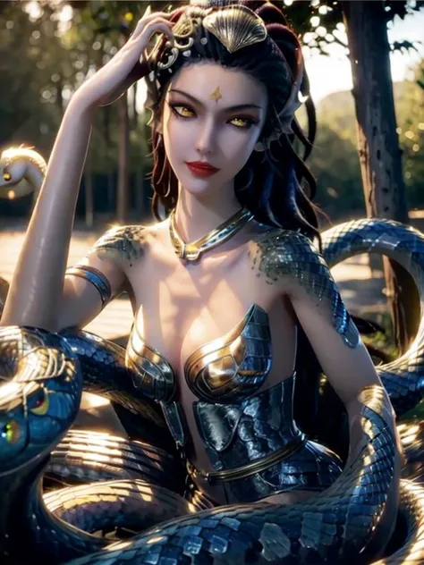 ((best quality)), (ultra-detailed), ((extremely detailed)), 8K, (((beautiful Lamia))), (((Snake Woman))), snake body, best quality, Japanese shrines, torii ,night, (curvy),1 woman, have a crystal ball ,solo, Japanese style costume, black hair, ((clear gold...