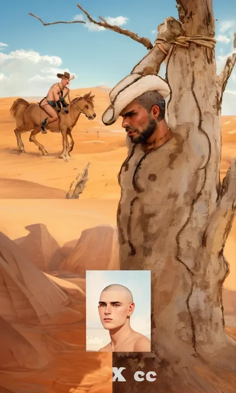 very tanned primitive buzzcut shaved head brutish sad Neanderthal Russian young man tied to wooden post in quarry desert mountains Sahara, very hot and dry environment, blond flaxen hair, brutish dumb face scratches blush barefoot wearing only skimpy loinc...