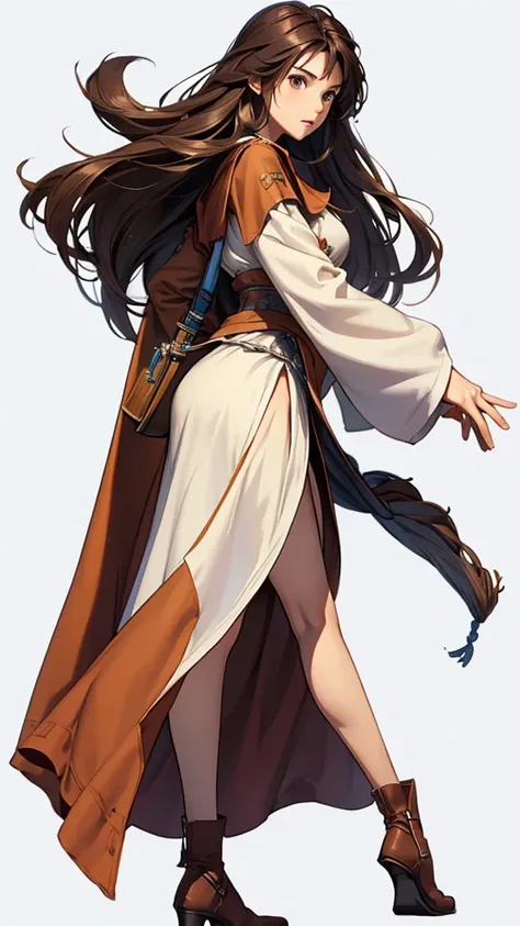 strong women, long brown hair, brown robes, holding a sword, full body side view, pure white background, view viewer