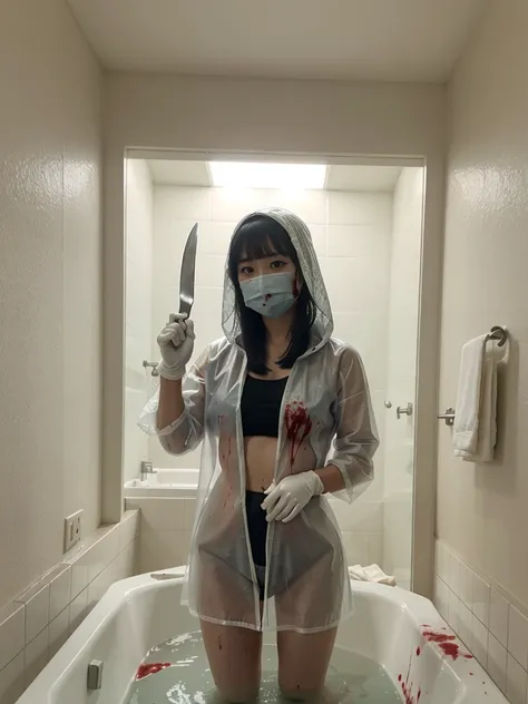 korean girl, (behind corpse, surgical mask), holding knife, stabbing, latex gloves, bath full of blood, transparent raincoat, hood up, holding knife, white gloves, behind corpse, blood splatter, mass murderer, killer, long bangs, blood splatter,