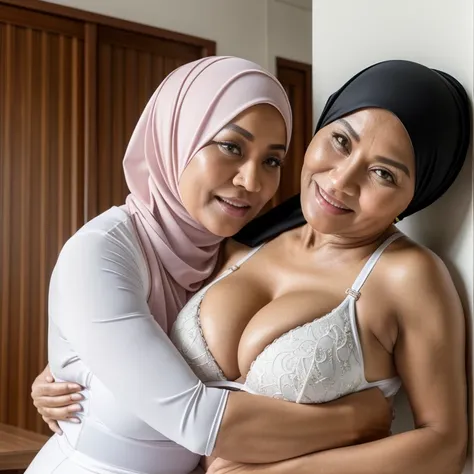 Huge bikini 2woman, 58-Years-Old,Female Teacher, Hijab Beautiful Indonesian Mature Woman, Wearing Tight Gamis, wearing bra, White Porcelain Skin, Realistic Ultra-Droopiest Gigantic Breast : 2, Lesbian Scene, deeply in Lustful, sharing Passionate Hug and gr...