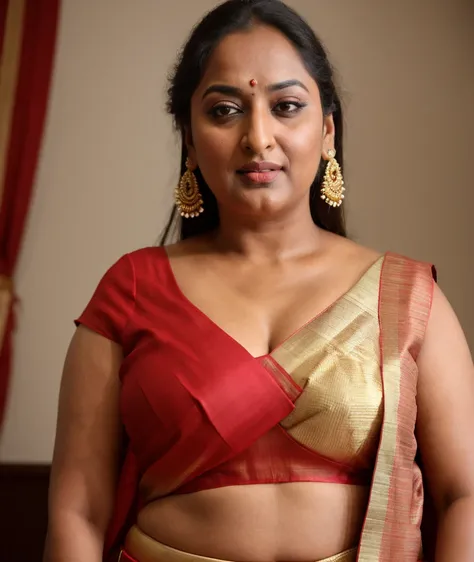 Foto RAW, photorealistic, photography, full body shot, 50 years old Woman, master shot, perfect eyes, goddess like beauty, pierced eyes, perfect thick chubby mallu Desi aunty bhabhi, Wearing a Stanapatta, a chest-band.Saree model, model Photography, Indian...