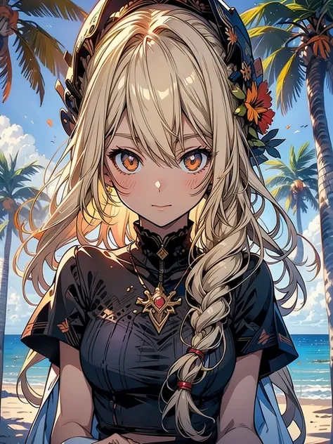 masterpiece, rich colors, Best quality, detailed, high resolution, Hyper quality, high detail, , high quality, detailing, skinny sexy girl on the beach , bright lighting , Brown eyes, Anime, palm trees, bright lighting, blonde,