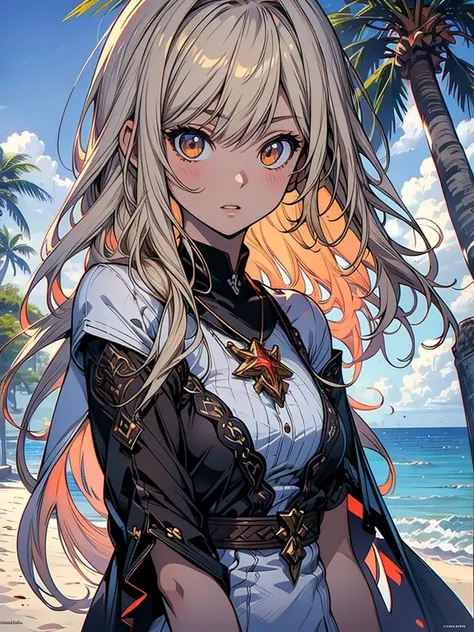 masterpiece, rich colors, Best quality, detailed, high resolution, Hyper quality, high detail, , high quality, detailing, skinny sexy girl on the beach , bright lighting , Brown eyes, Anime, palm trees, bright lighting, blonde,