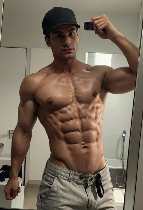 arafed man in a cap taking a selfie in a mirror, a picture inspired by Antoine Wiertz, tumblr, hyperrealism, lean but muscular, lean and muscular, prefect body, with abs, ripped, [ adamantly defined abs ]!!, [ rigidly defined abs ]!!, fit pic, shredded, at...