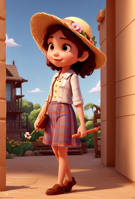 Create a 3D Movie Poster Inspired by Disney Pixar, The scene must be in digital art style a girl with a straw hat dressed in plaids with a flower in her hand