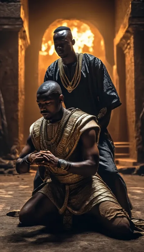 a dramatic scene of an african emperor about to execute his kneeling brother outside, intricate details, highly realistic, cinem...