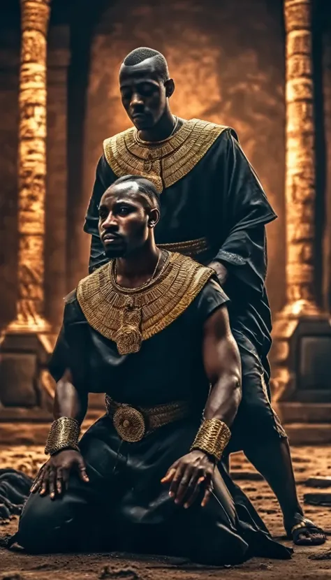 a dramatic scene of an african emperor about to execute his kneeling brother outside, intricate details, highly realistic, cinem...