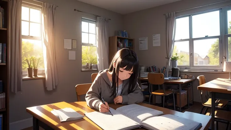 A 16 year old girl, student writing in her notebook and sitting studying. She is in her cozy and relaxing room. Sunbeams enter the room.
