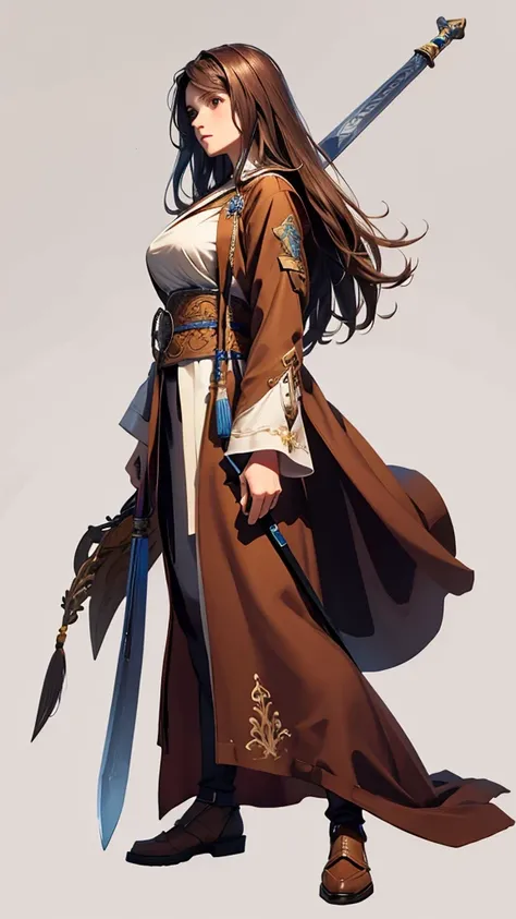 Strong women, Long brown hair, Brown robes, Holding a sword, Full body side view, Pure white background, View Viewer