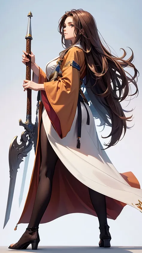 strong women, long brown hair, brown robes, holding a sword, full body side view, pure white background, view viewer