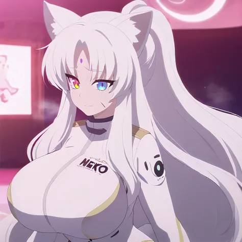 beautiful white neko, long white neko ears, white neko tail, anime style, purple eye, blue eye, big breasts, extremely detailed eyes and face, Wearing White and Purple Race Suit, white long hair, heterochromia, wide waist, mature woman, black small beauty ...