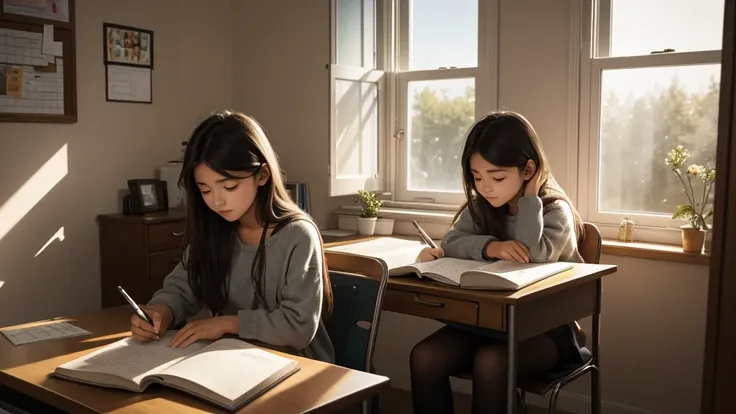 A 16 year old girl, student writing in her notebook and sitting studying. She is in her cozy and relaxing room. Sunbeams enter the room.