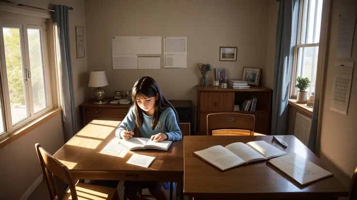 A 16 year old girl, student writing in her notebook and sitting studying. She is in her cozy and relaxing room. Sunbeams enter the room.