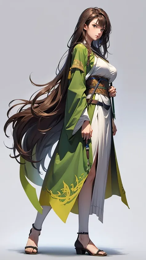 strong women, long brown hair, green robe, holding a sword, full body side view, view viewer, pure white background