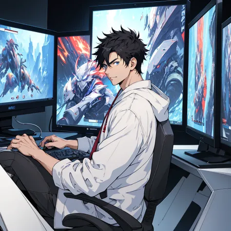 Best quality: 1.0), (Super High Resolution: 1.0), Anime boy, short black hair, blue eyes, sitting in front of computer playing games, background in esports room,