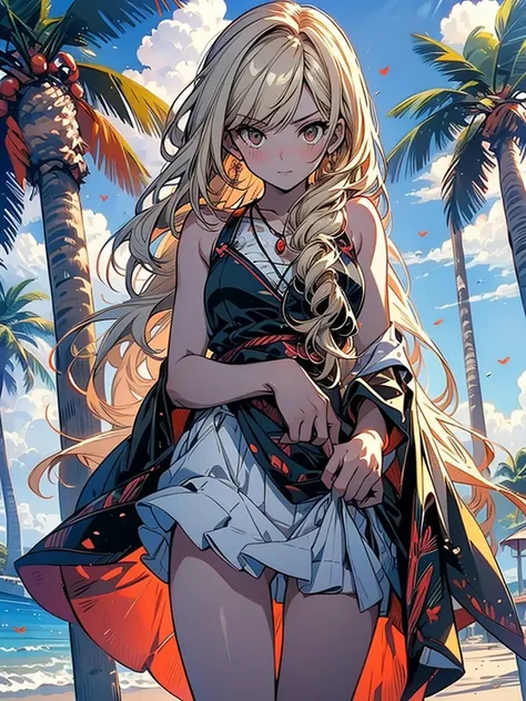 masterpiece, rich colors, Best quality, detailed, high resolution, Hyper quality, high detail, , high quality, detailing, skinny sexy girl on the beach , bright lighting , Brown eyes, Anime, palm trees, bright lighting, blonde,