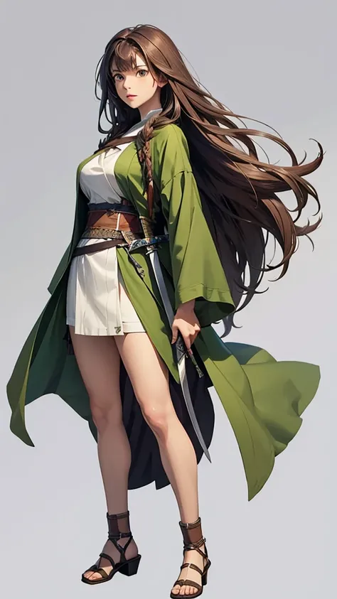 strong women, long brown hair, green robe, holding a sword, full body side view, view viewer, pure white background