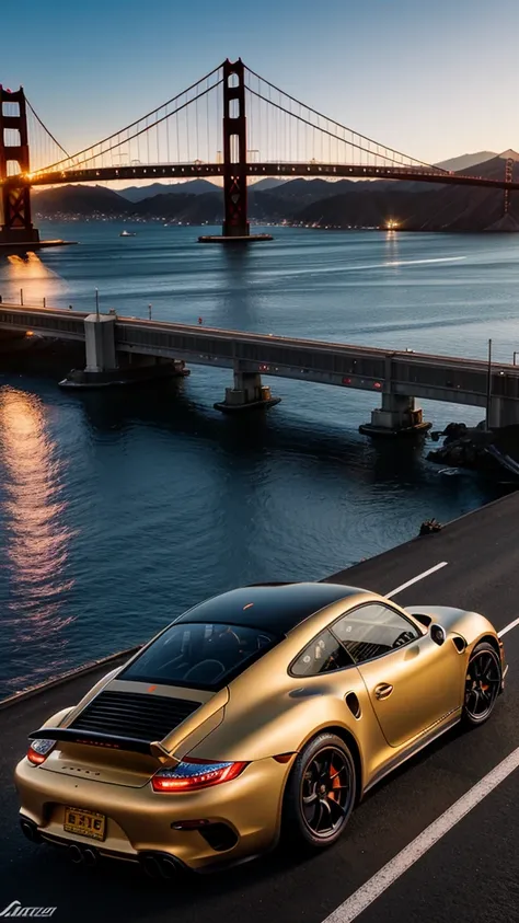 8k photorealistic scene of a customized, modified, Japanese style matte black porsche GT 90 driving down Golden Gate Bridge in the evening, at golden hour, highly detailed, ultra realistic, 