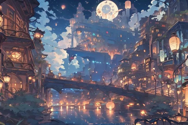 (masterpiece:1.2), best quality,PIXIV, Night scene,
scenery, sky, no humans, night, cloud, bridge, city, lantern, building, outdoors, cityscape, water, fantasy, lamppost, railing, lights, city lights, night sky, moon, watercraft, architecture, star (sky), ...