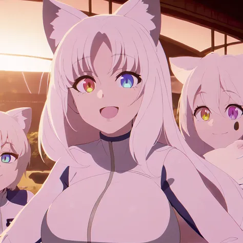 beautiful white neko, long white neko ears, white neko tail, anime style, purple eye, blue eye, big breasts, extremely detailed eyes and face, Wearing White and Purple Race Suit, white long hair, heterochromia, wide waist, mature woman, black small beauty ...