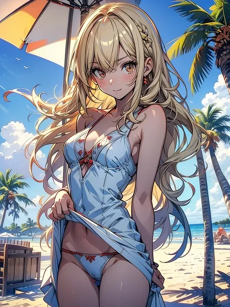 masterpiece, rich colors, Best quality, detailed, high resolution, Hyper quality, high detail, , high quality, detailing, skinny sexy girl on the beach , bright lighting , Brown eyes, Anime, palm trees, bright lighting, blonde,